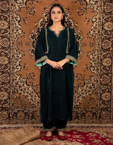 Shop the Teal blue silk velvet kurta with pants - set of 2