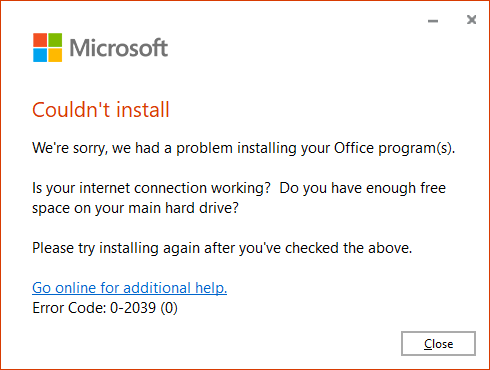 Error Code 0-2039 (0) For Office 2021