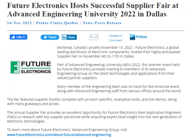 Future Electronics Hosts Supplier Fair at AEU 2022 in Dallas