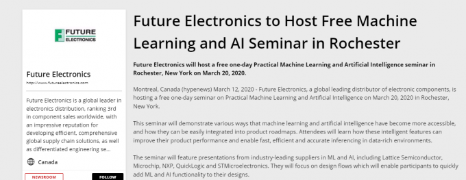 Future Electronics to Host Free Machine Learning and AI Seminar in Rochester