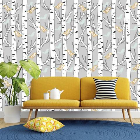 Birch Trees and Bird Wallpaper Traditional or Removable Peel | Etsy