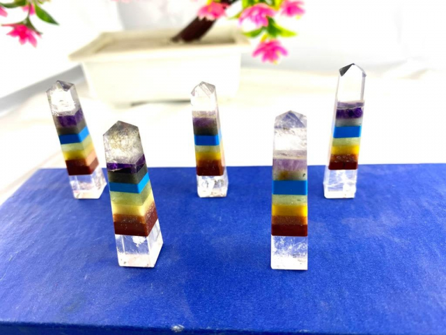 Seven Chakra bonded Tower with Clear quartz point and base