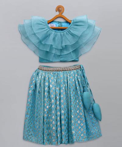 Buy Blue Organza Ruffled Blouse With Cotton Zari Lehnga Online from The Little Tales - Little Tags