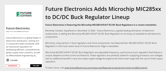 Future Electronics Adds Microchip MIC285xx to DC/DC Buck Regulator Lineup