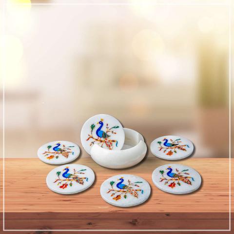 Peacock Design Marble Inlay Coaster Set - Marble Inlay Handicraft Products