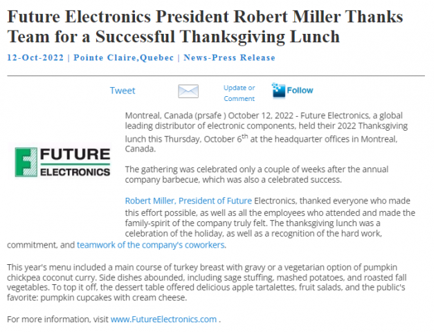 Robert Miller Thanks Future Electronics for a Successful Thanksgiving Lunch