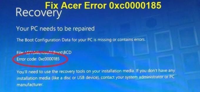 Acer error code 0xc0000185