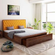 Aria Cushioned Sheesham Wood Queen Size Bed With Front Storage