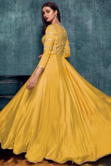 Buy Ready To Wear Yellow Designer Satin  Anarkali Dress With Dupatta Online | Like A Diva