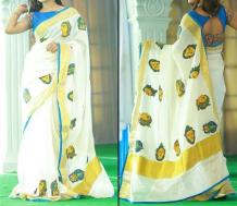 Exclusive white gold pure Kerala kalamkari Saree online 