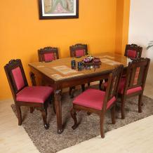 Recto 6 Seater Dining Set in Teakwood with Walnut Finish (66x42x30) - Aakriti Art Creations