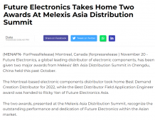 Future Electronics received two awards from the Melexis Asia Distribution Summit