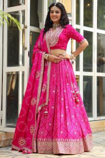 Bright Pink Bandhani Printed Gajji Silk Bridal Lehenga