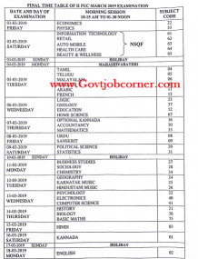 Karnataka 2nd PUC Time Table 2018-19