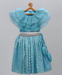 Buy Blue Organza Ruffled Blouse With Cotton Zari Lehnga Online from The Little Tales - Little Tags