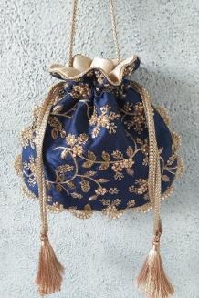 NAVY PEARL EMBROIDERED POTLI