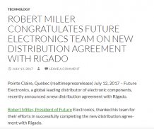 Robert Miller, thank Future Electronics, for distribution agreement with Rigado