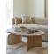 wooden coffee table, placed in a living room, beige coloured sofa, cushions, rug